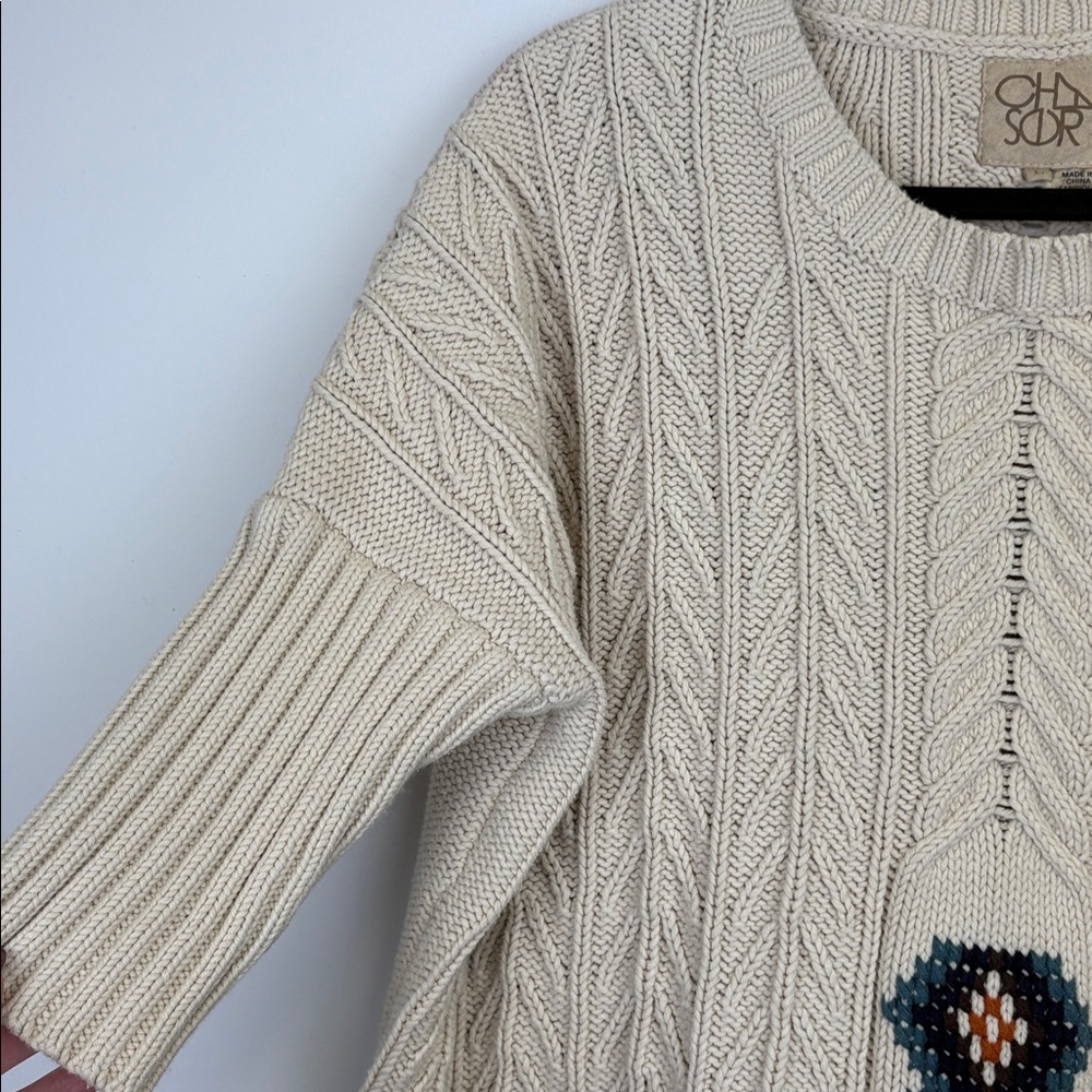 Chaser Cream Cable Knit Sweater Fringe Hem Boho Southwestern Size large - Picture 5 of 9